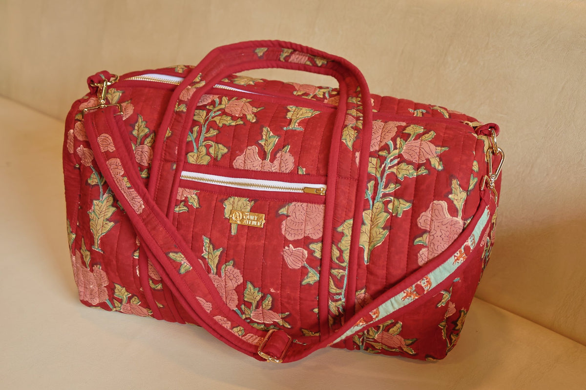 Gulabi Rani Duffle Bag — hand block printed quilted bag