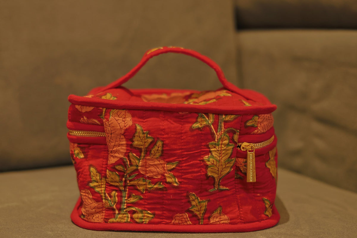 Gulabi Rani Makeup Vanity Box — hand block printed quilted bag