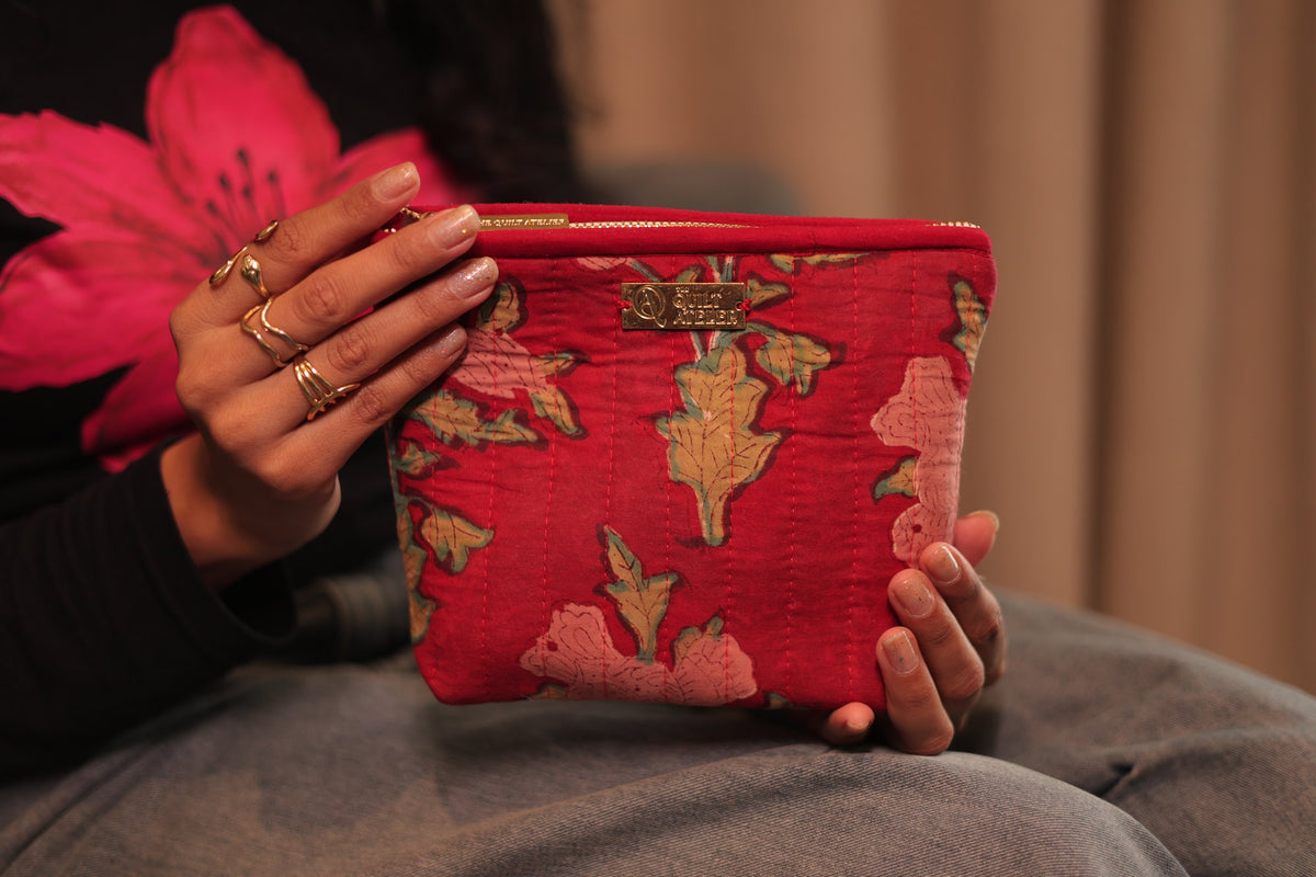 Gulabi Rani Pouches, Set of 3 — hand block printed quilted bag