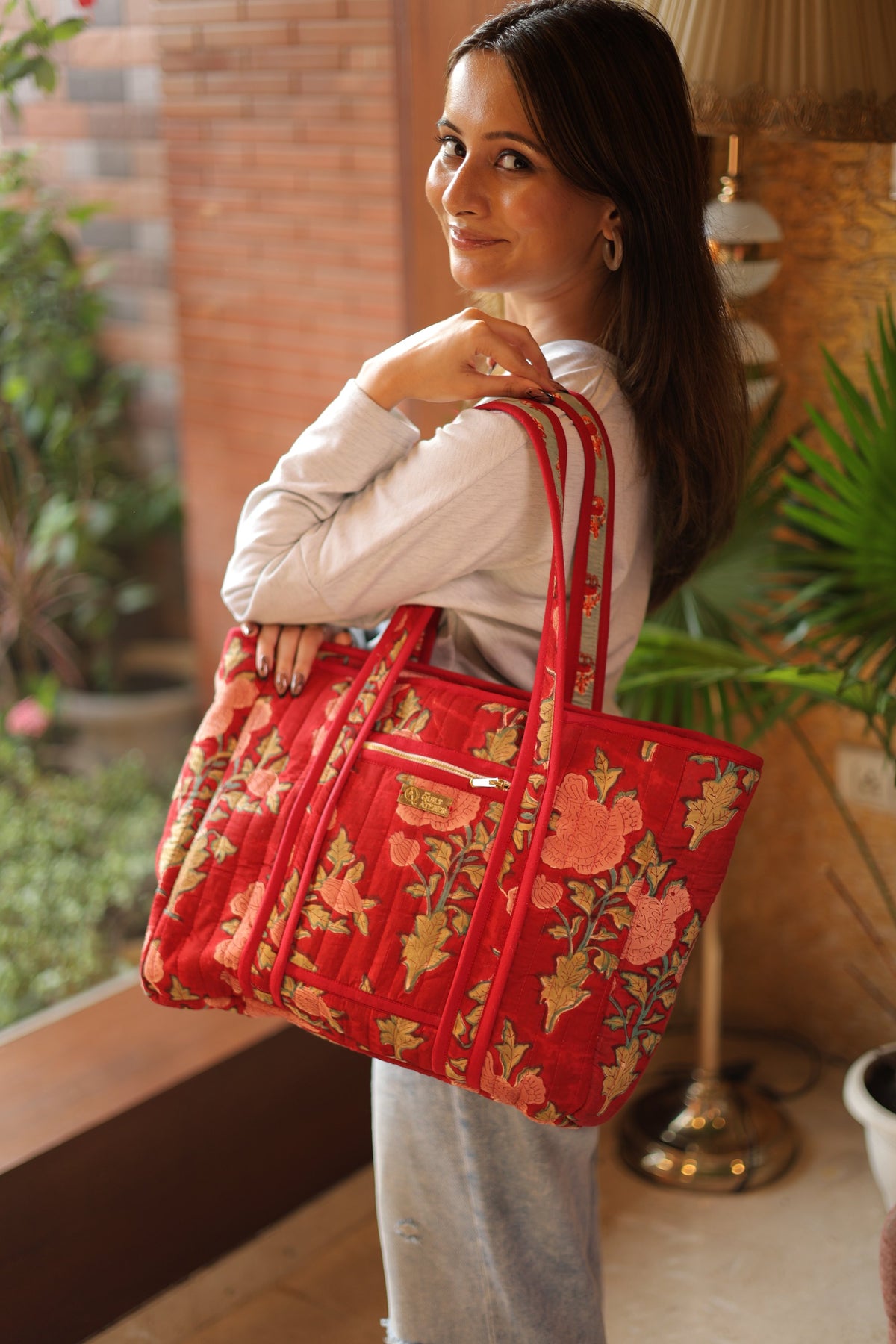 Gulabi Rani Tote Bag — hand block printed quilted bag