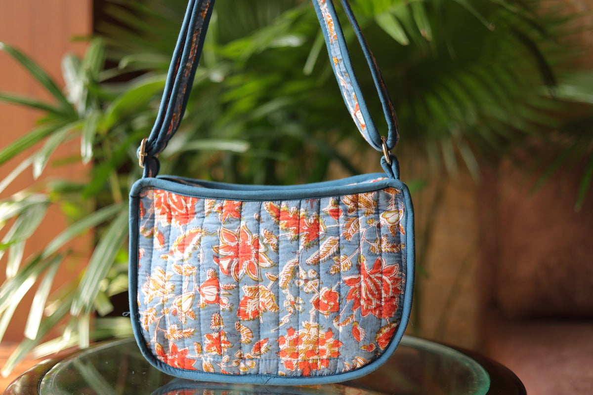 Kesariya Aasman Gen-Z Bag — hand block printed quilted bag