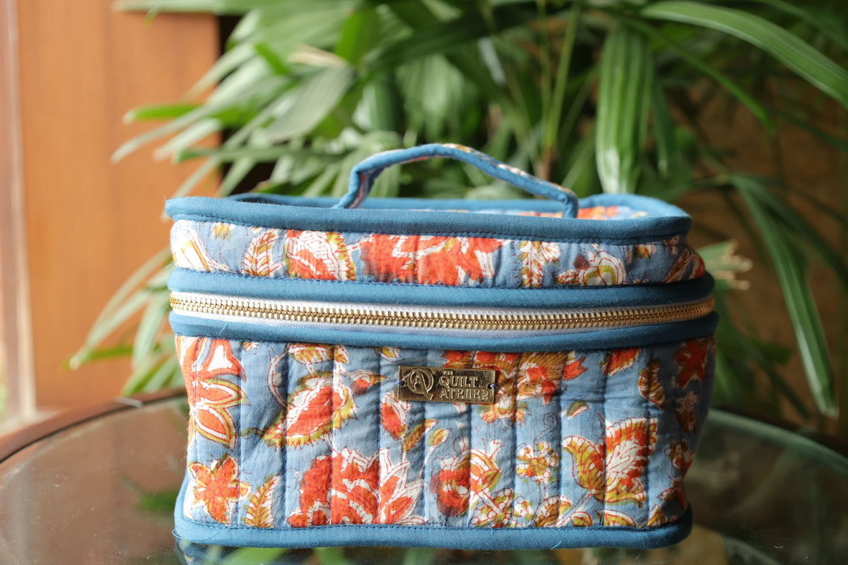Kesariya Aasman Makeup Vanity Box — hand block printed quilted bag