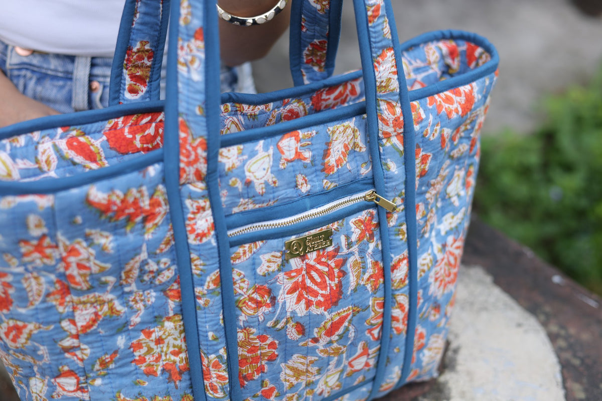 Kesariya Aasman Tote Bag — hand block printed quilted bag