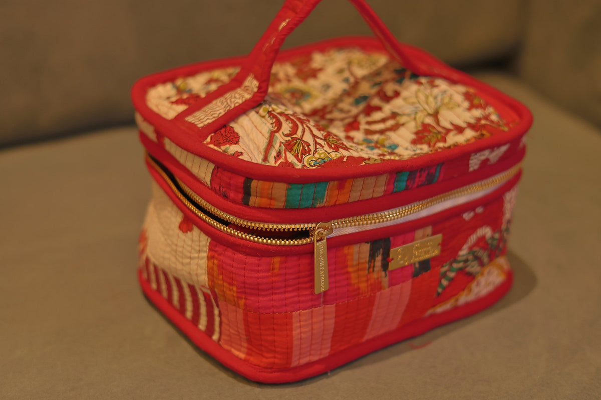 Surkh Safar Makeup Vanity Box — hand block printed quilted bag